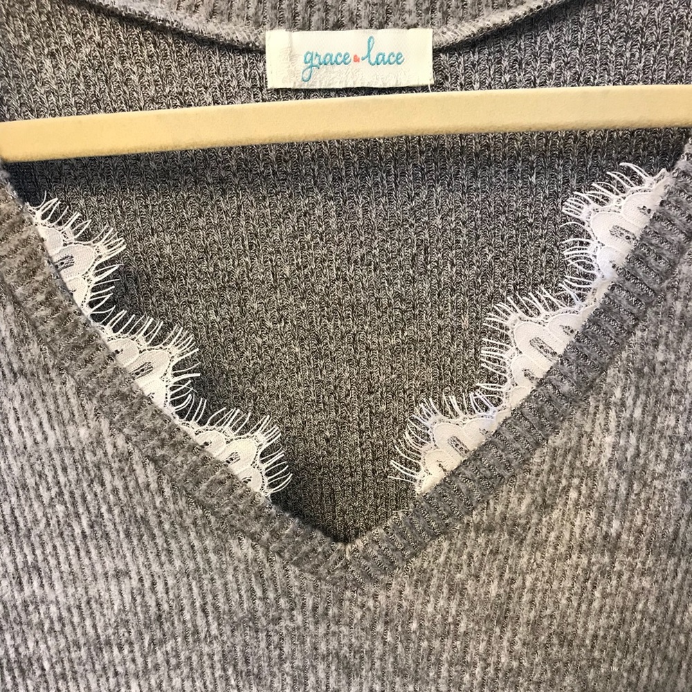 Lace Trim Grey Sweater NWOT